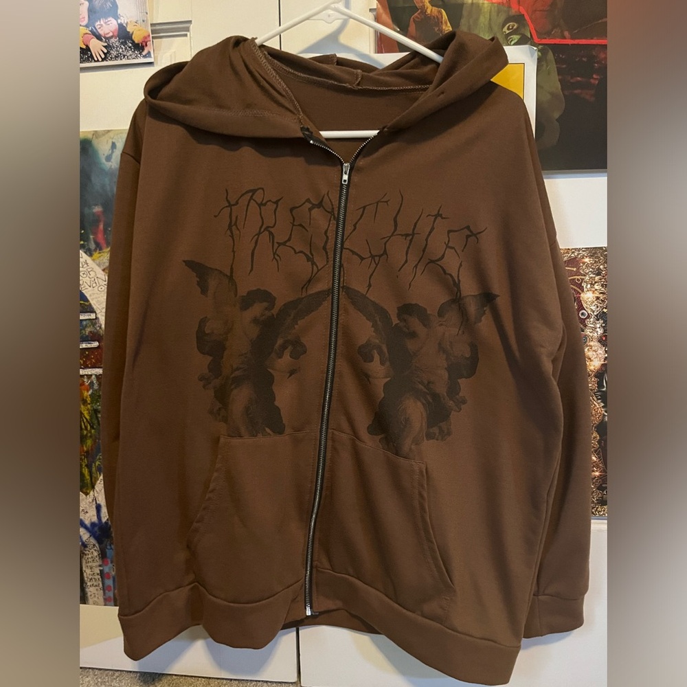 Fallen angel grunge brown baggy zip up hoodie size small